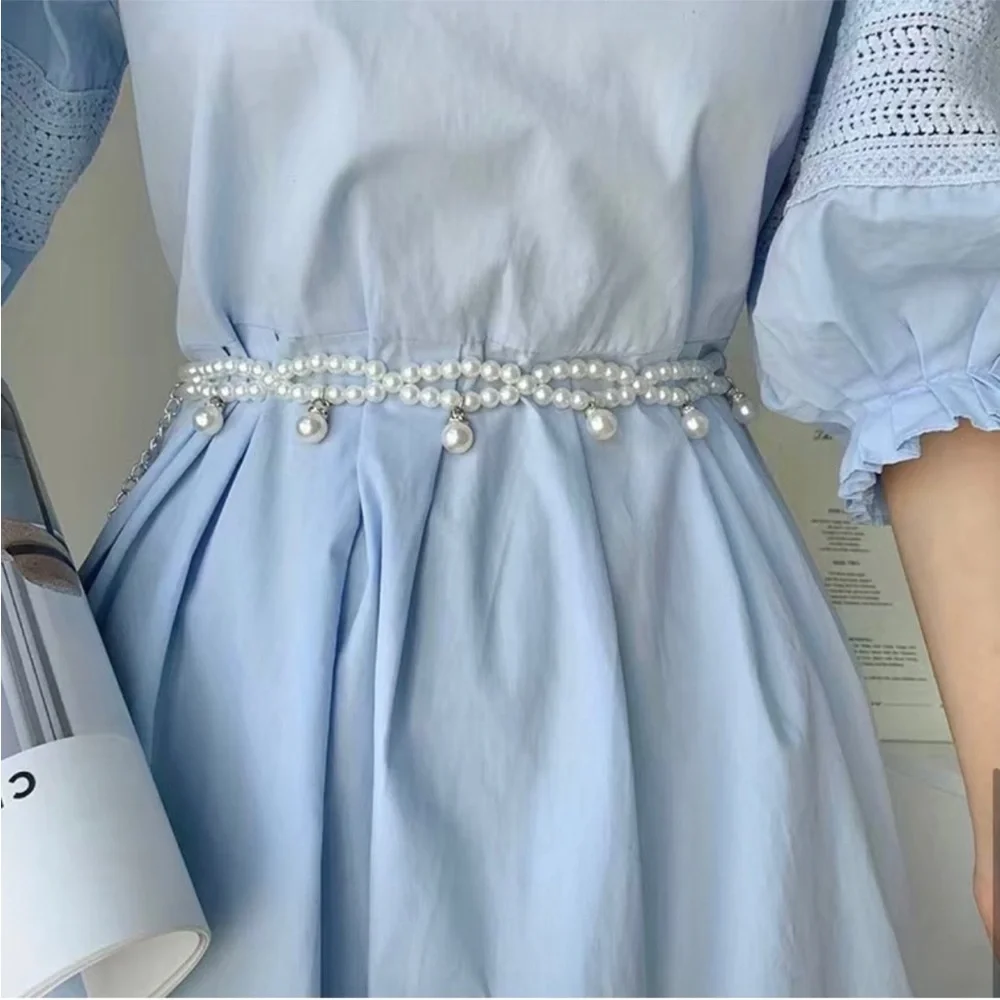 Double Layer Faux Pearl Chain Elegant Dress Girdle Trendy Pendant Chain Belt Dec